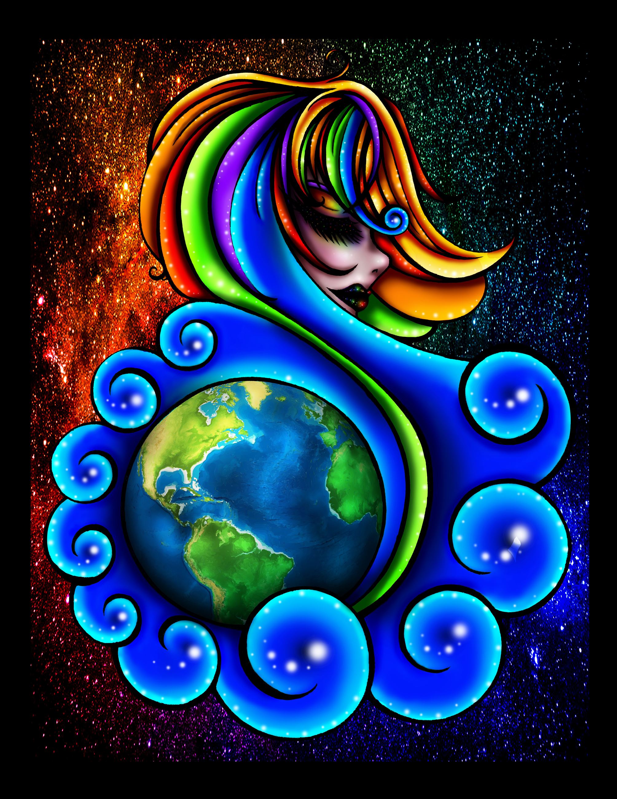 Colorful illustration of a woman with rainbow hair embracing Earth against a starry sky
