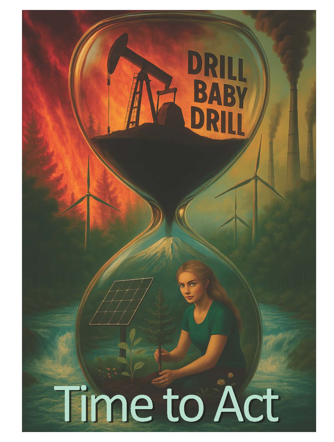 Hourglass with oil drilling above, solar panels and trees below; text: 'Time to Act'