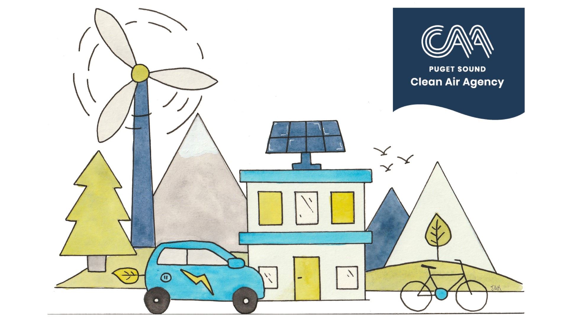 Illustration of wind turbine, solar panel, electric car, and bicycle in a sustainable landscape