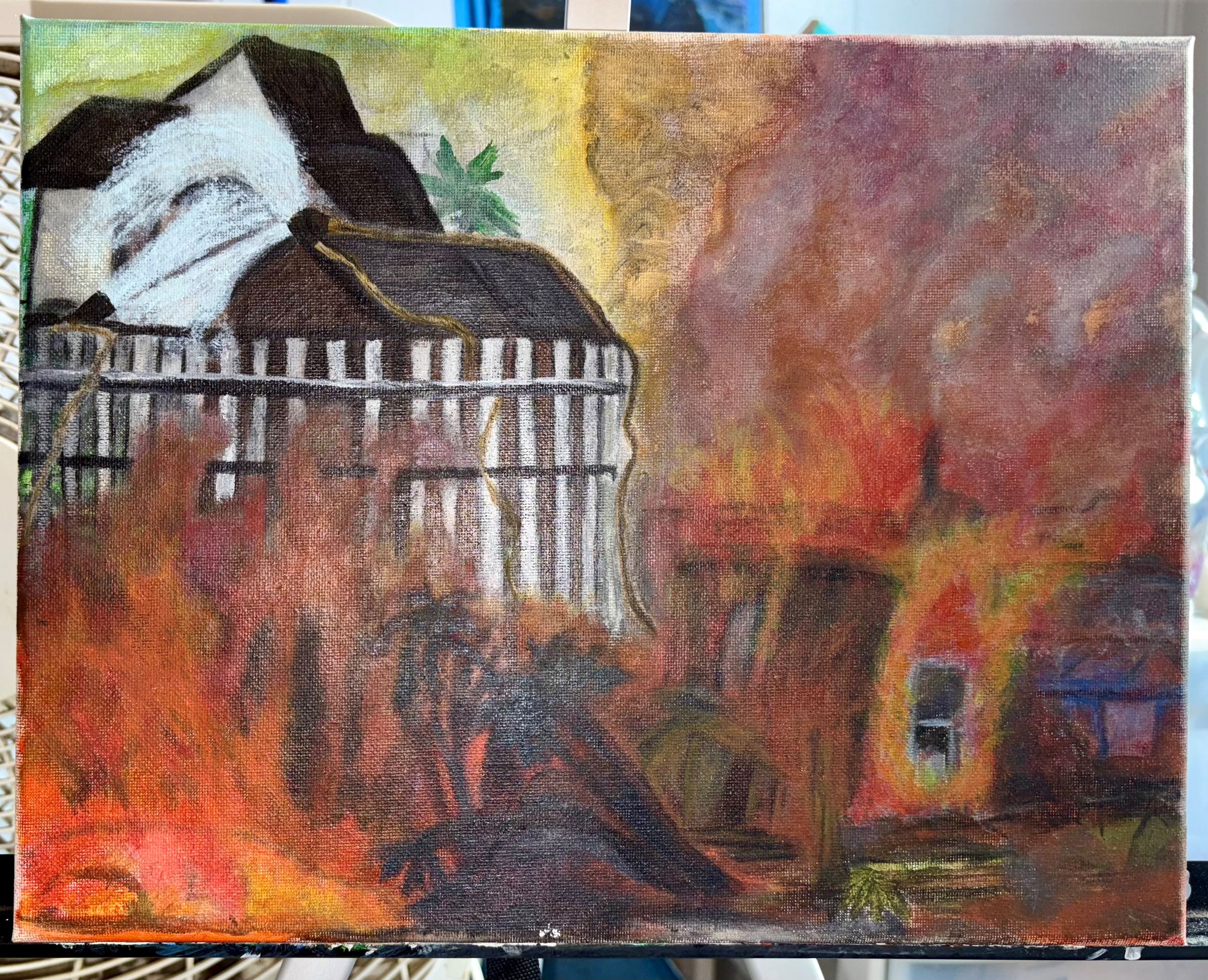 Painting of a striped house engulfed in flames and smoke