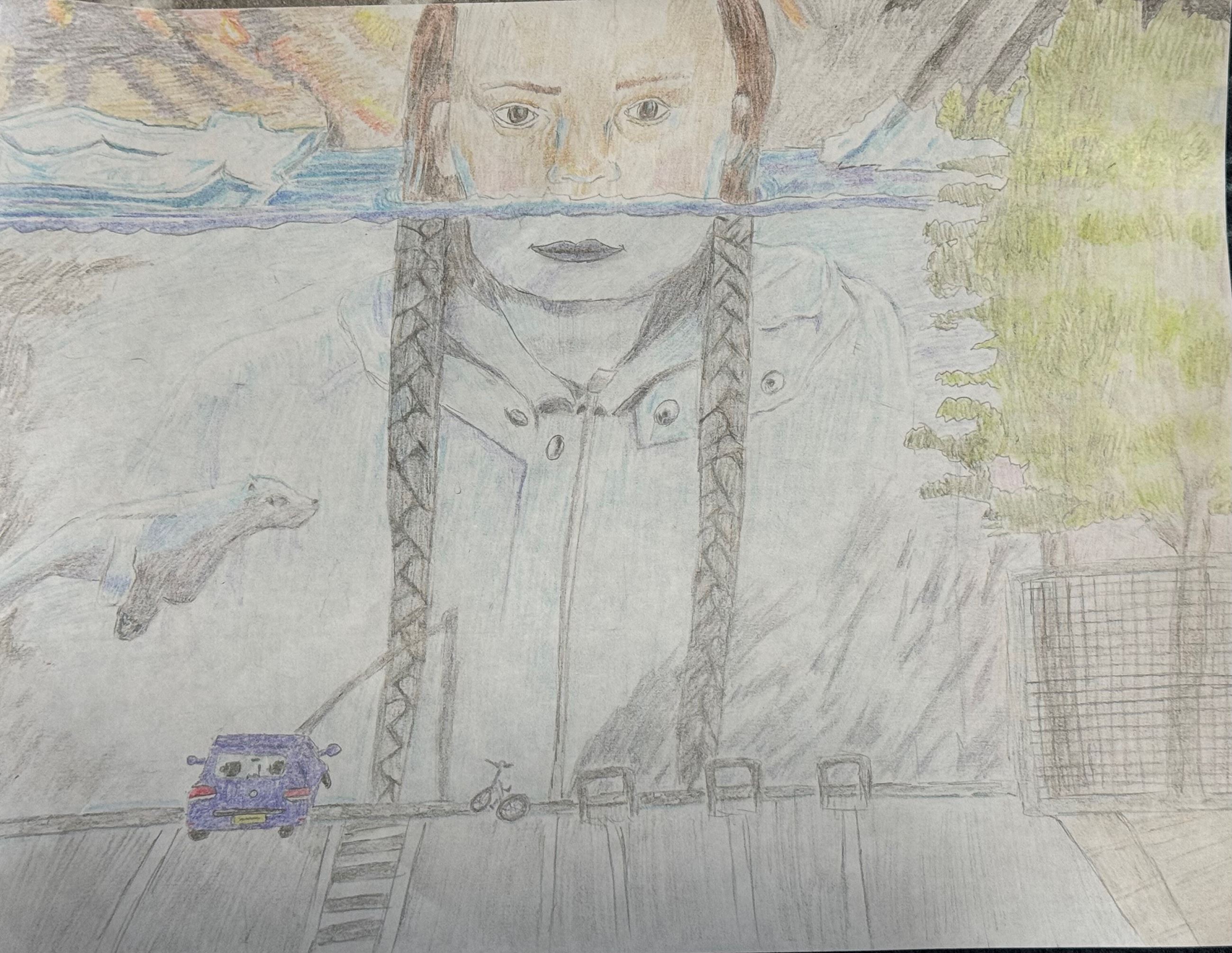 Drawing of a braided face in water with icebergs, polar bear, road, and buildings
