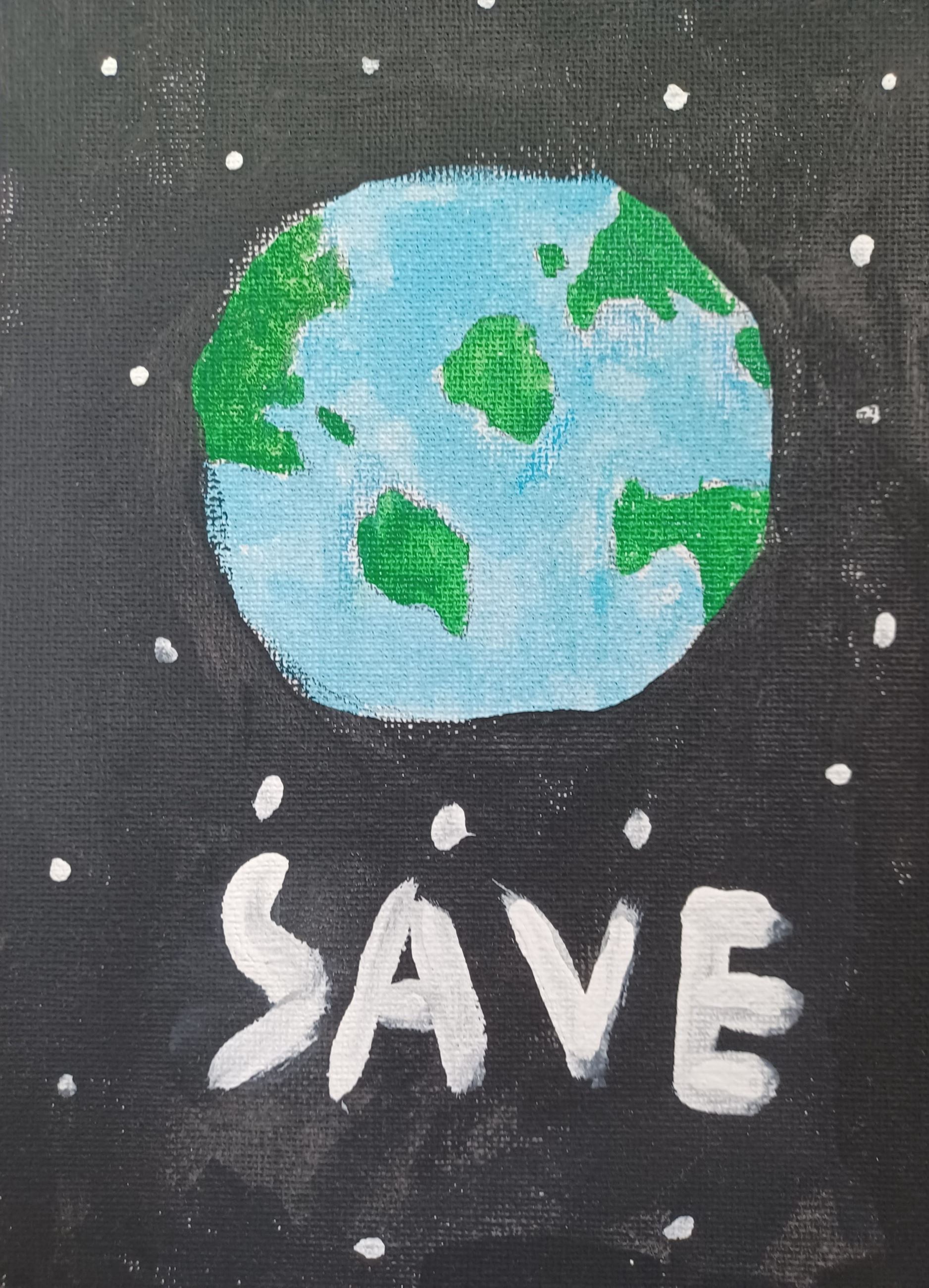 Painting of Earth in space with the word 'SAVE' below it