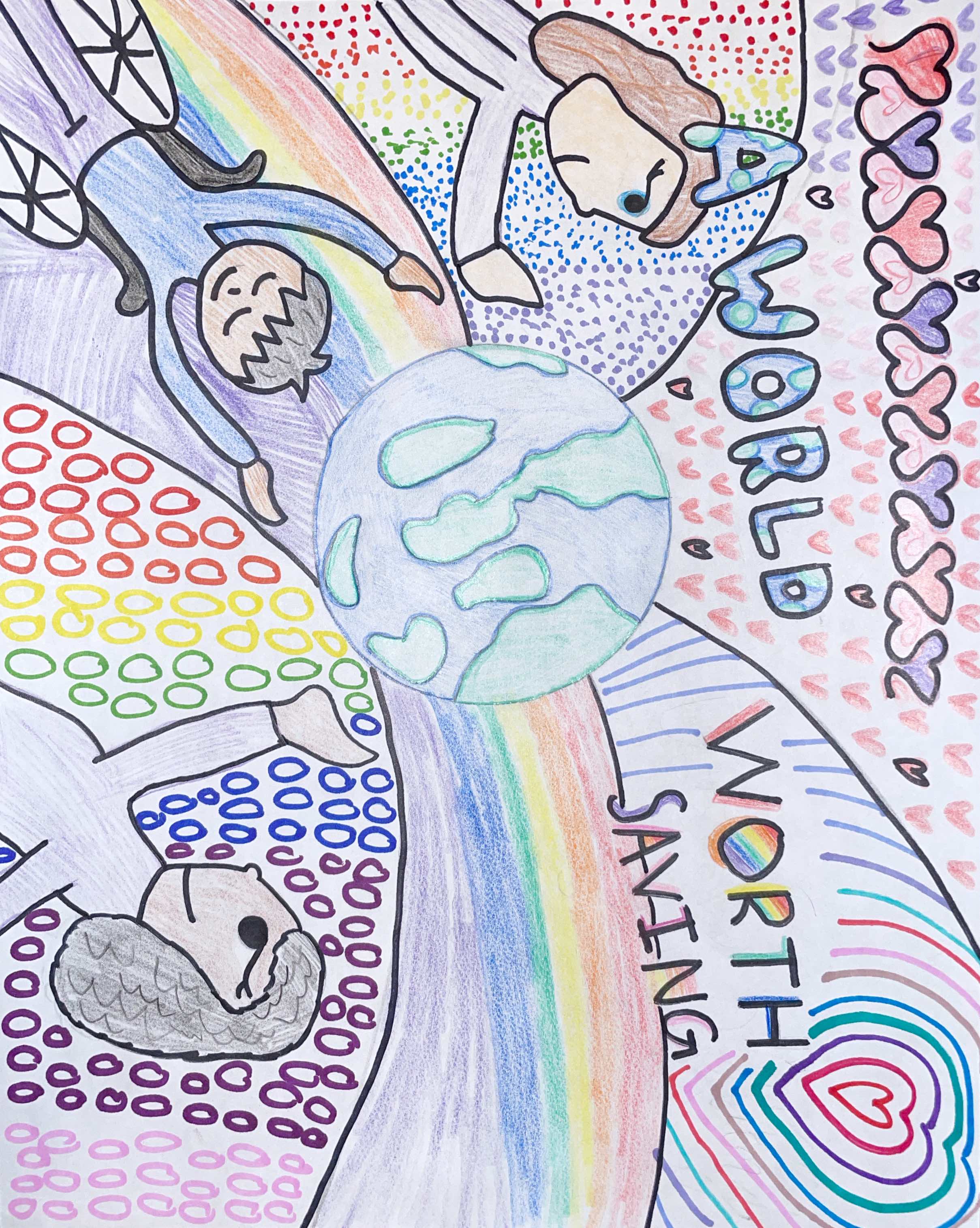 Colorful drawing of three people and Earth with text 'A World Worth Saving'