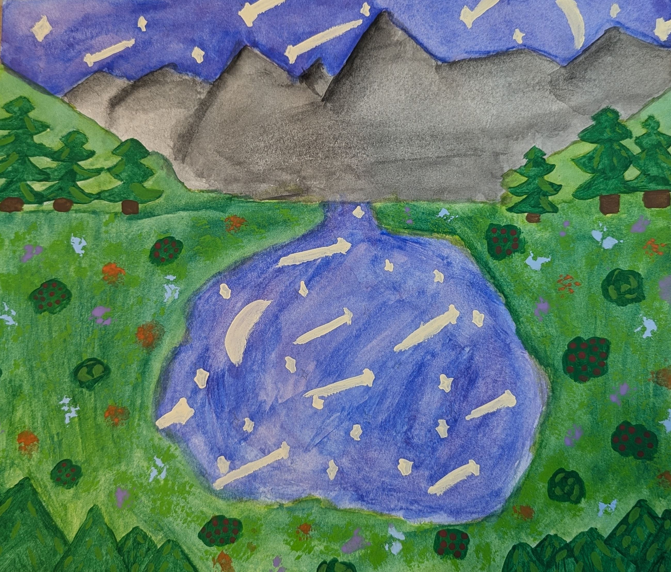 Colorful painting of a starry night landscape with mountains, trees, and a reflective body of water