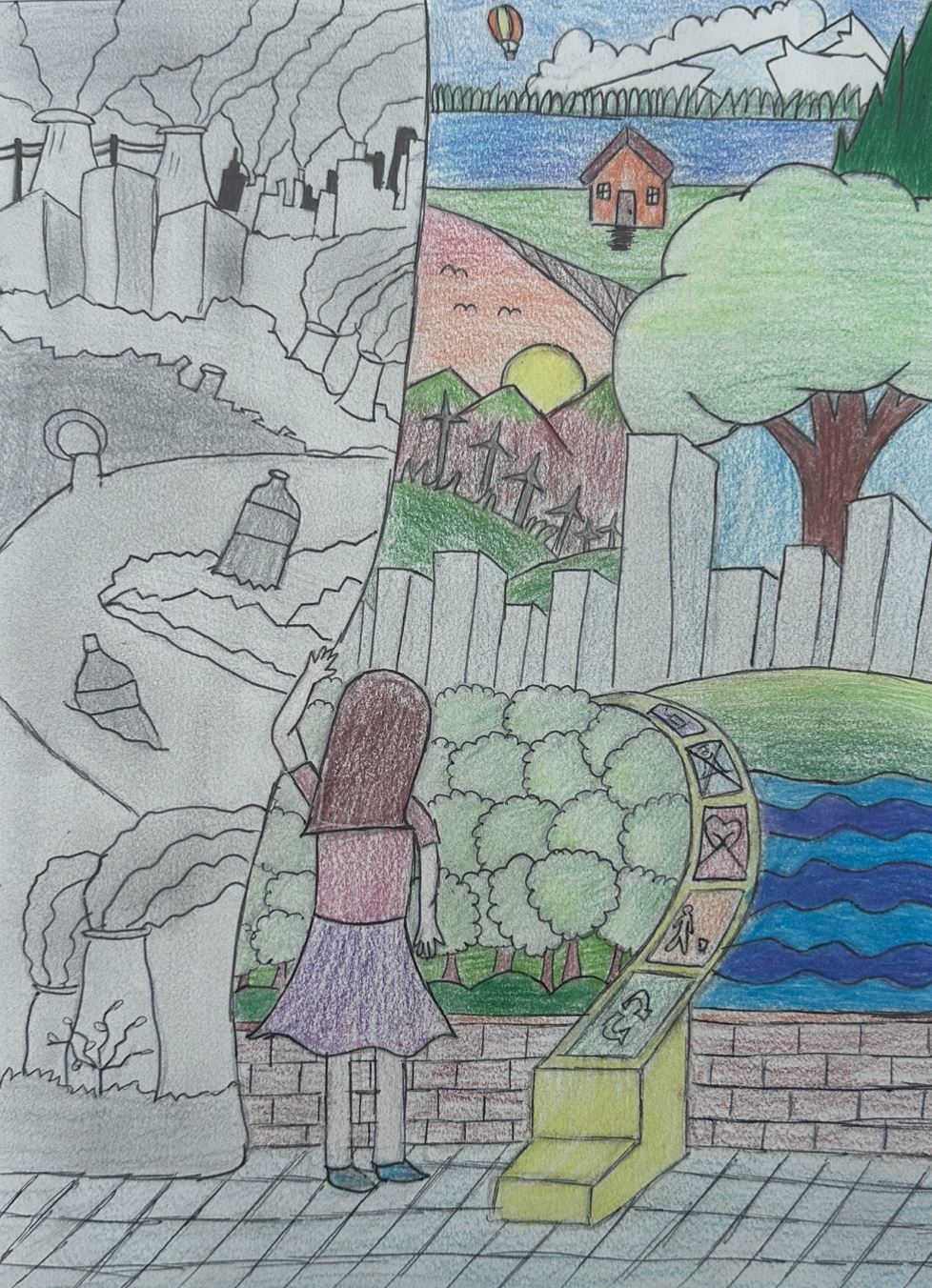 Drawing of a girl revealing a natural landscape behind a polluted industrial scene