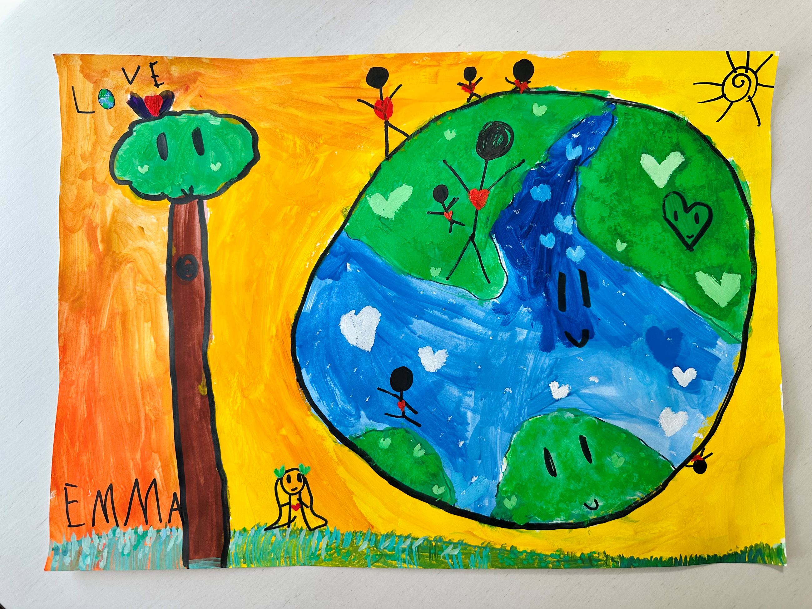 Drawing of smiling Earth with hearts, stick figures, and the word “LOVE.”