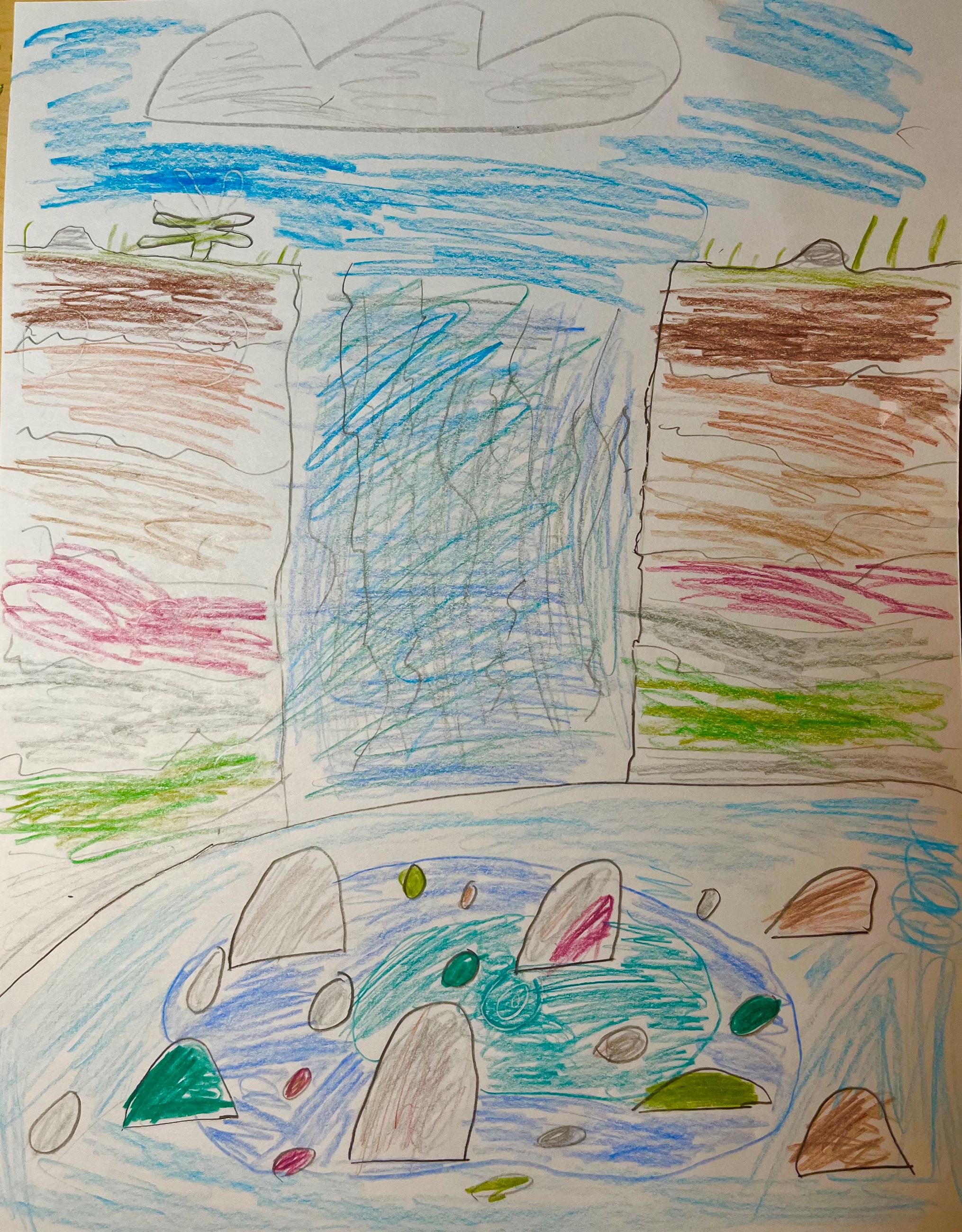 Colorful drawing of a waterfall flowing into a pond, surrounded by cliffs and rocks