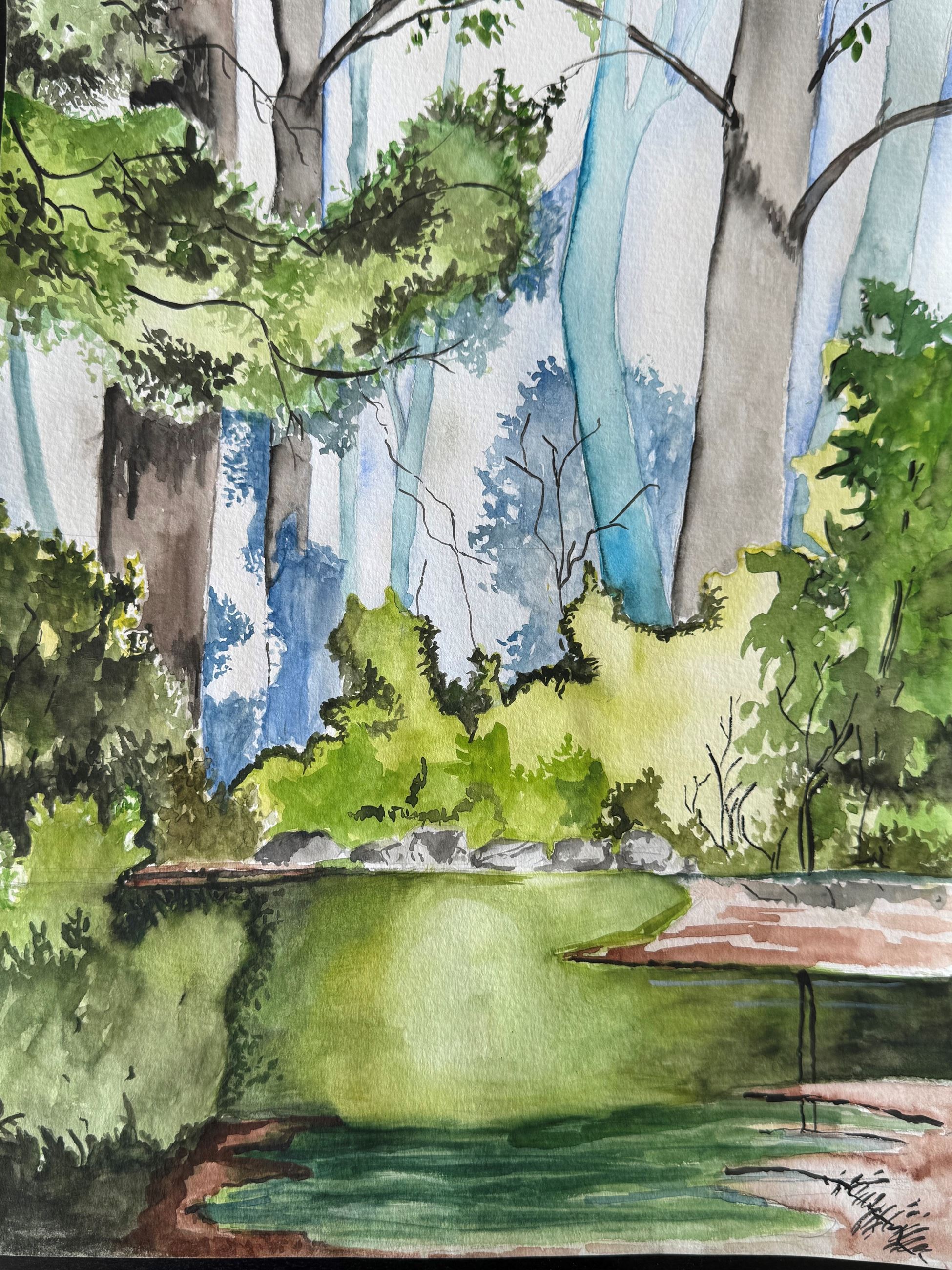Watercolor of a forest with trees and a reflective pond