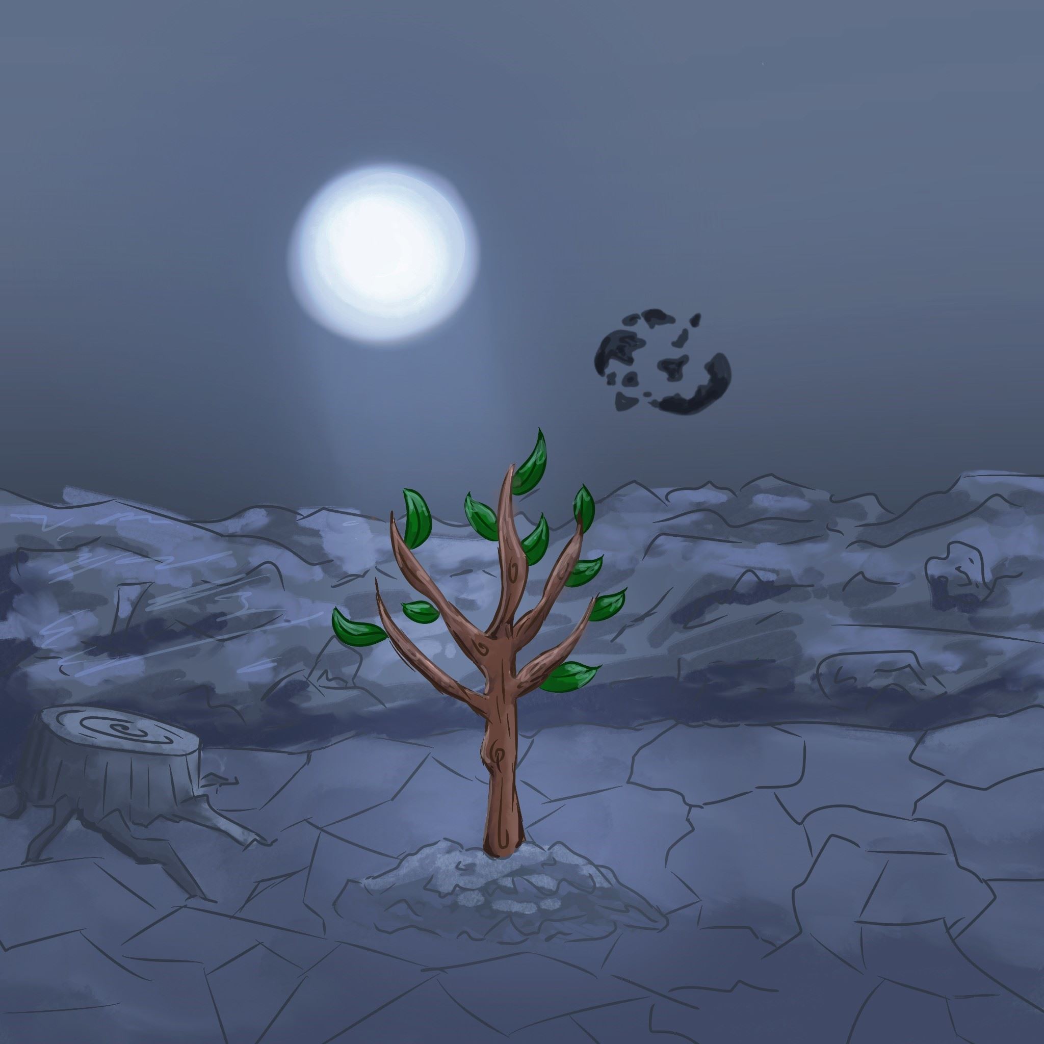 Small tree and stump in a rocky landscape under a full moon