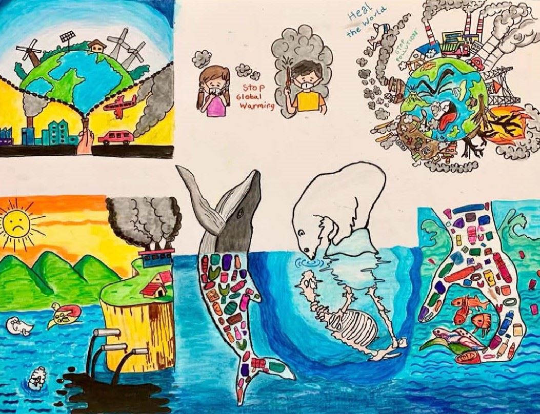 Drawings showing pollution and climate change impacts on Earth and wildlife