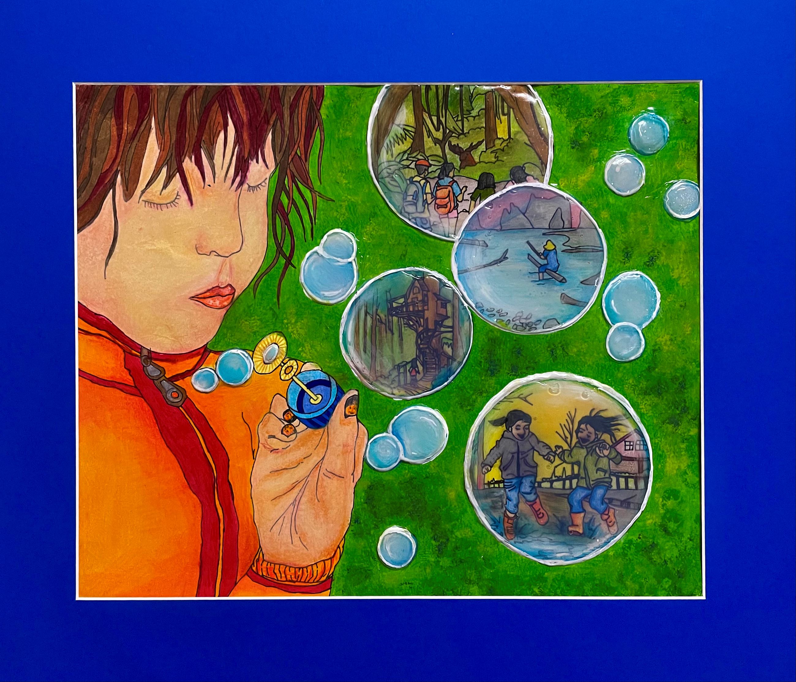 Person blowing bubbles with nature and play scenes inside each bubble