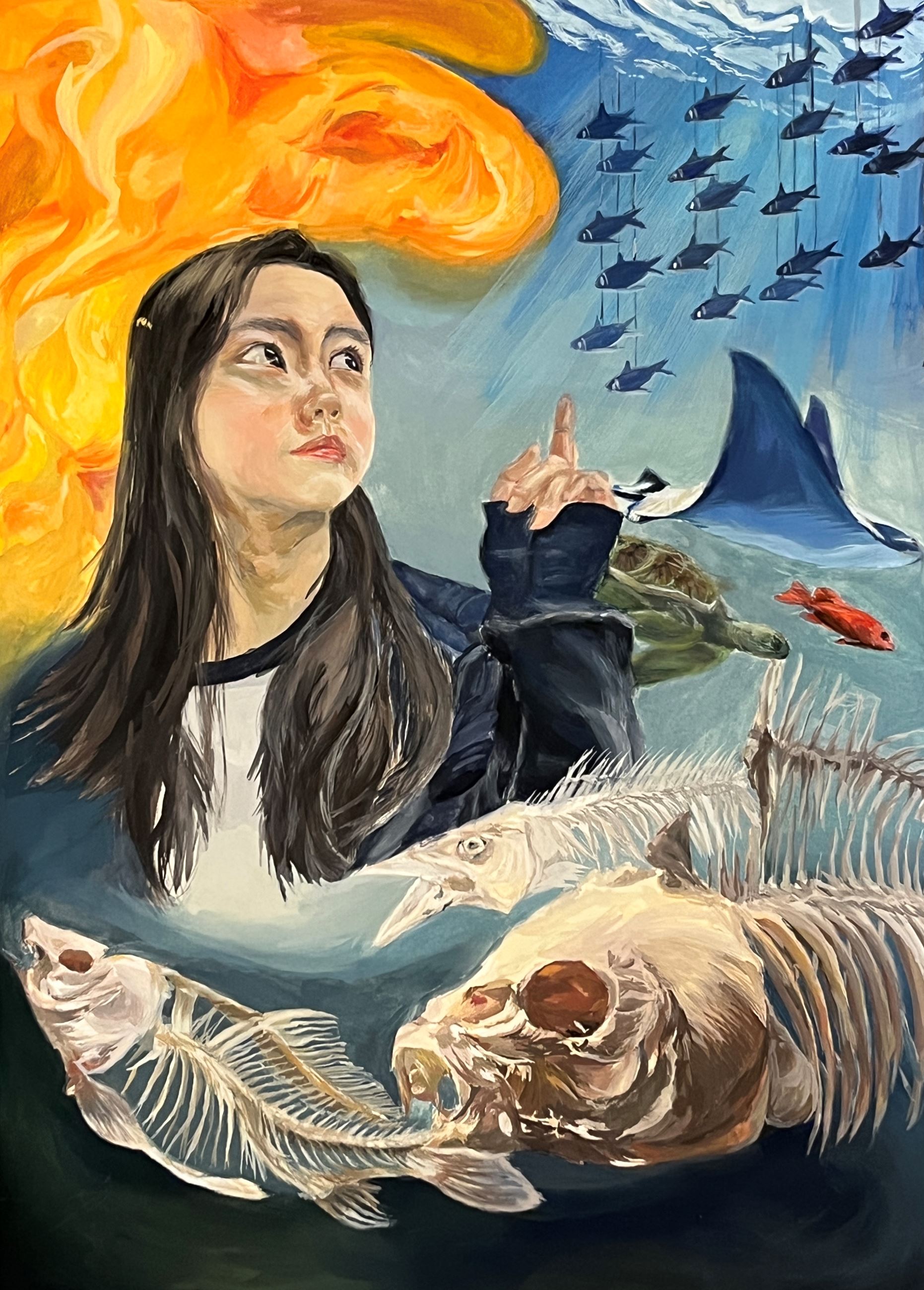Painting of person and marine life, including fish, turtle, and manta ray
